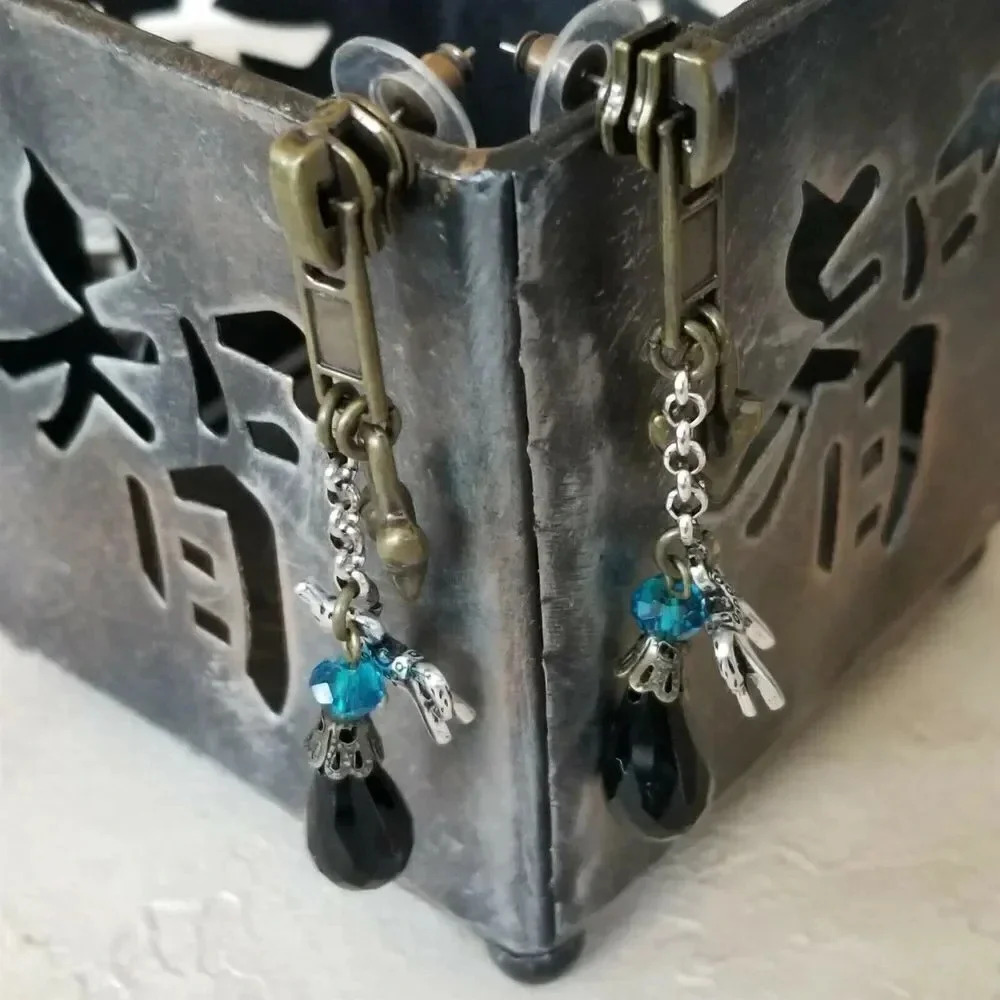 Antique Brass Zipper and Heart Baubles Black Teal Blue Dangle Earrings - Picture 5 of 7